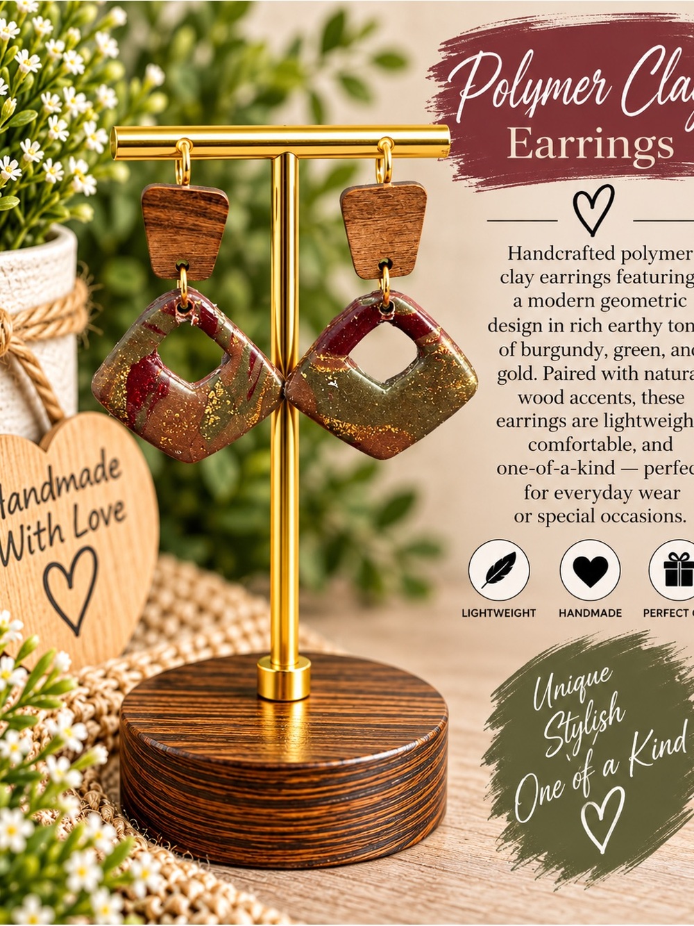 Handcrafted Polymer Clay Burgundy & Green Geometric Earrings